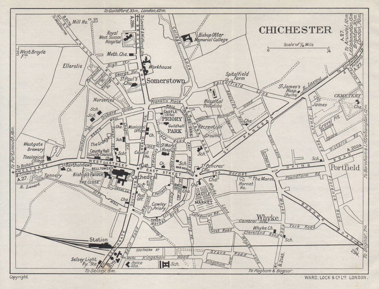 CHICHESTER vintage tourist town city plan. Sussex. WARD LOCK 1940 old map